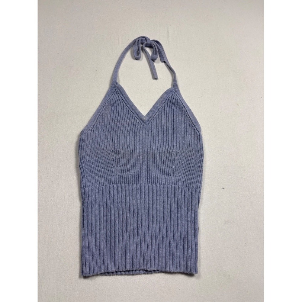 Blue Asphalt Women's Ribbed Knit Halter Tank Top M Blue Cotton Tie Strap